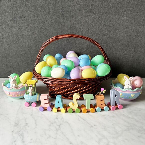 Easter Table Decor Wicker Basket - Plastic Eggs - Bunny Dishes - Wooden Letters - Picture 1 of 15